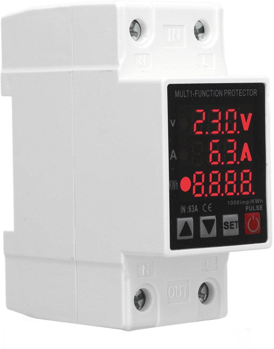 Golden crown - Stroombegrenzing Voltmeter - Faseverliesbeveiliging - Compact formaat - Overspanningsbeveiliging - Thuisgebruik - 63A Ingesteld