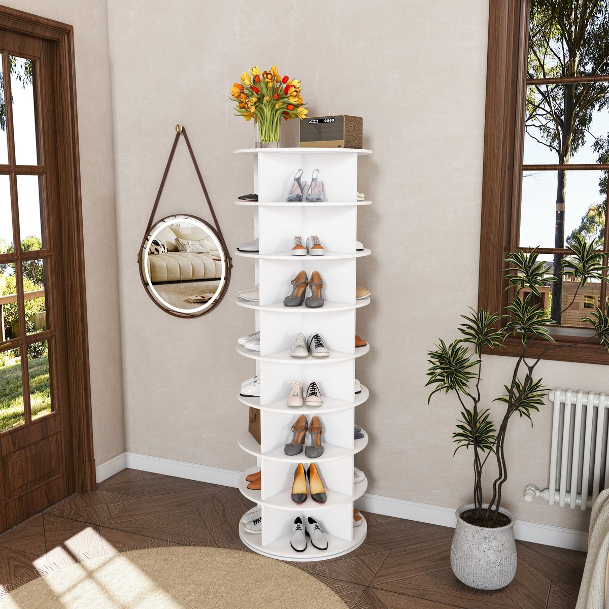 HAUSS SPOLE Schoenenkast – 60 x 60 x 183,9 cm – Draaibaar 8-Laags Ontwerp – Kunststof – Wit – Voor 32 Paar Schoenen En Accessoires