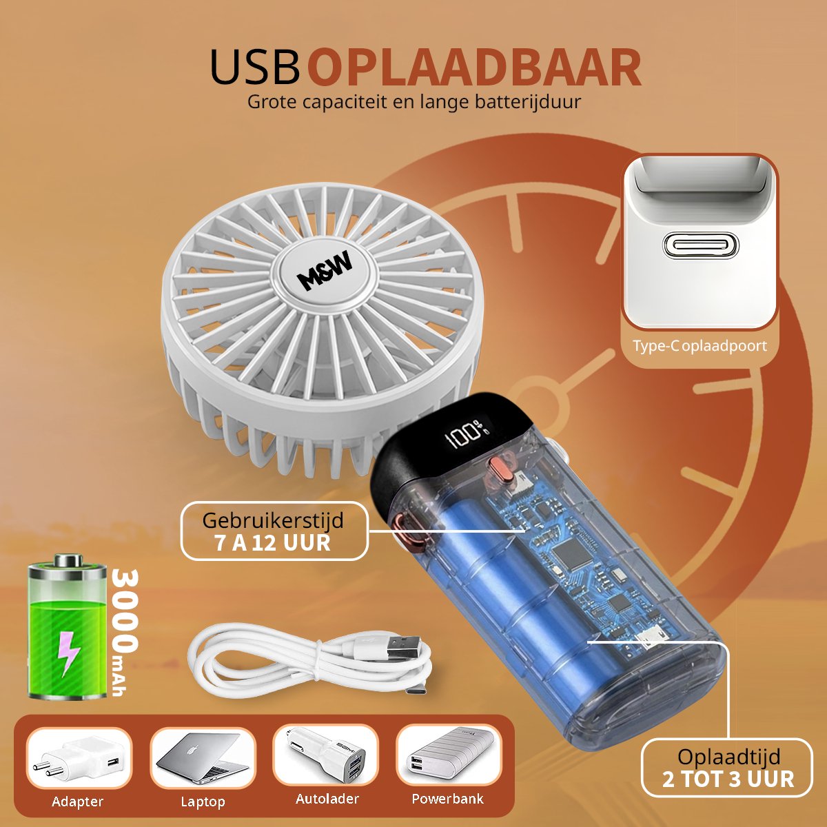M&W Draagbare Hand Ventilator Hand Fan - Airco Verkoeling USB Ventilatoren - Handventilator Wit — afbeelding 4
