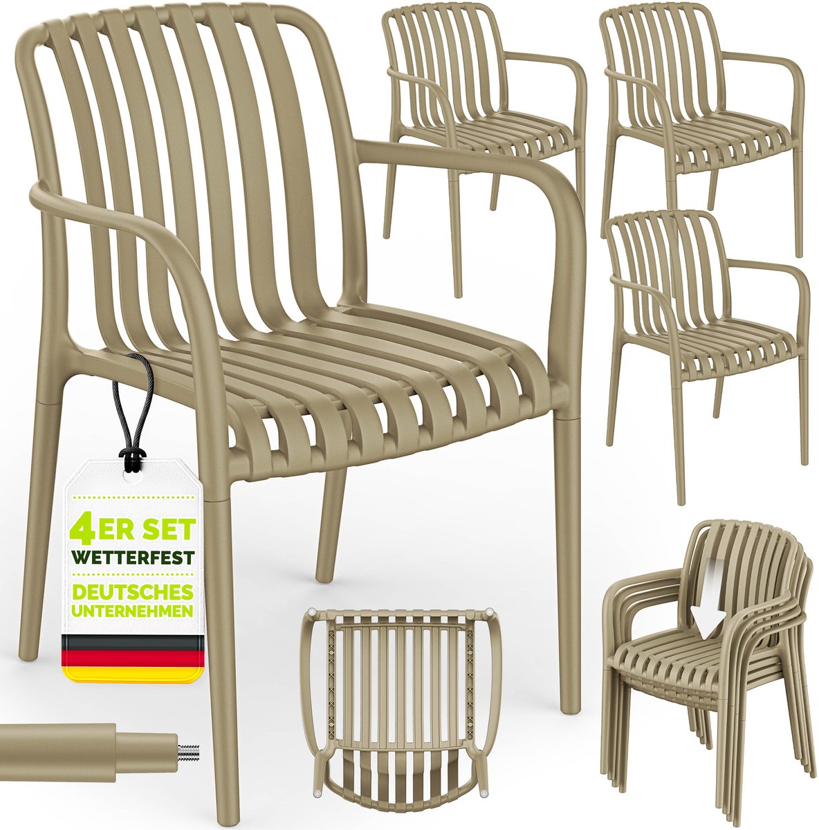 tillvex® Tuinstoelen 4-delige Set Stapelbaar Weerbestendig met Armleuning | Outdoor Stoelen tot 120kg Belastbaar | Tuinstoelen Outdoor | Terrasstoel Tuinmeubelen Balkon Tuin Terras