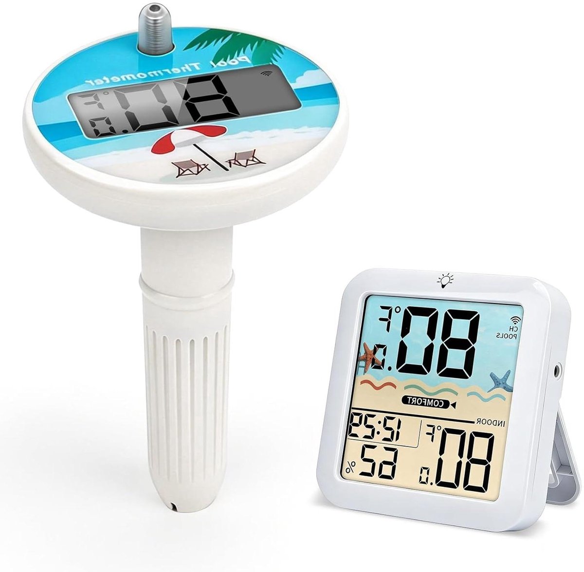 Zwembadthermometer Draadloos - Drijvende Watermeter - Water Temperatuur Meten - IP68 Waterdicht Bereik 100m - Digitaal Display - Wit