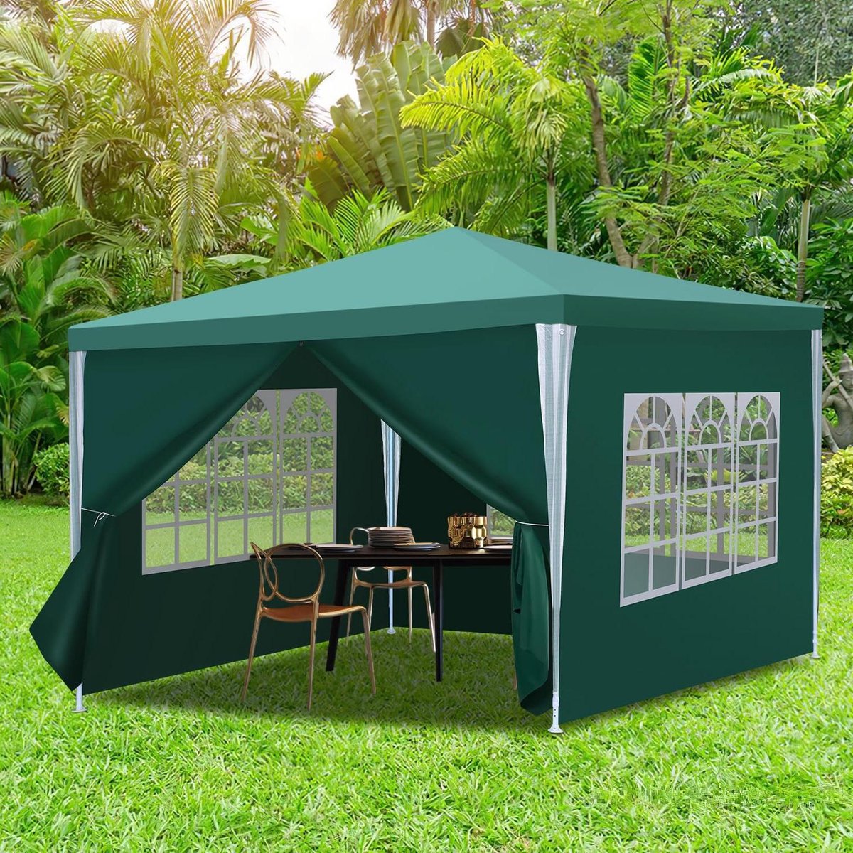 Paviljoen, tuinpaviljoen, 3 x 3 m, waterdicht, partytent met afneembare zijdelen en grote ramen, tuintent, uv-bescherming, voor outdoor, tuin, feest, camping, groen