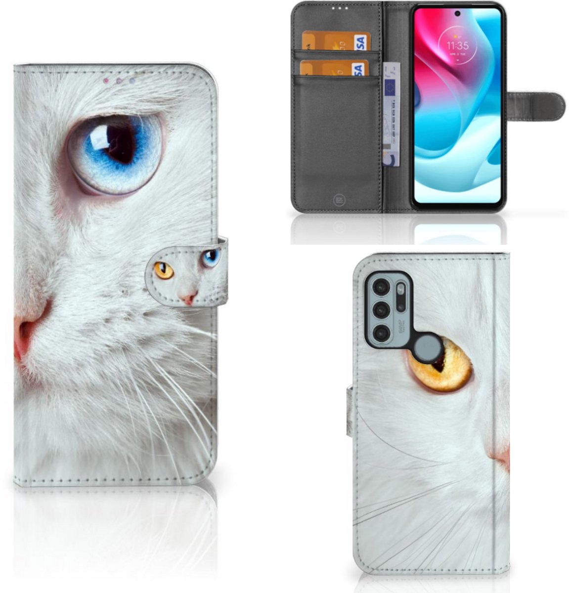 Motorola Moto G60s Telefoonhoesje met Pasjes Witte Kat