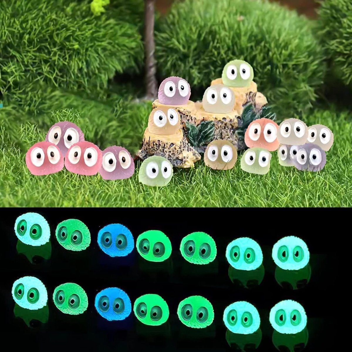 Diverse 35-delige accessoires voor een feeën tuin met glow-in-the-dark figuren, elfen en decoratieve elementen voor potten en tuinen