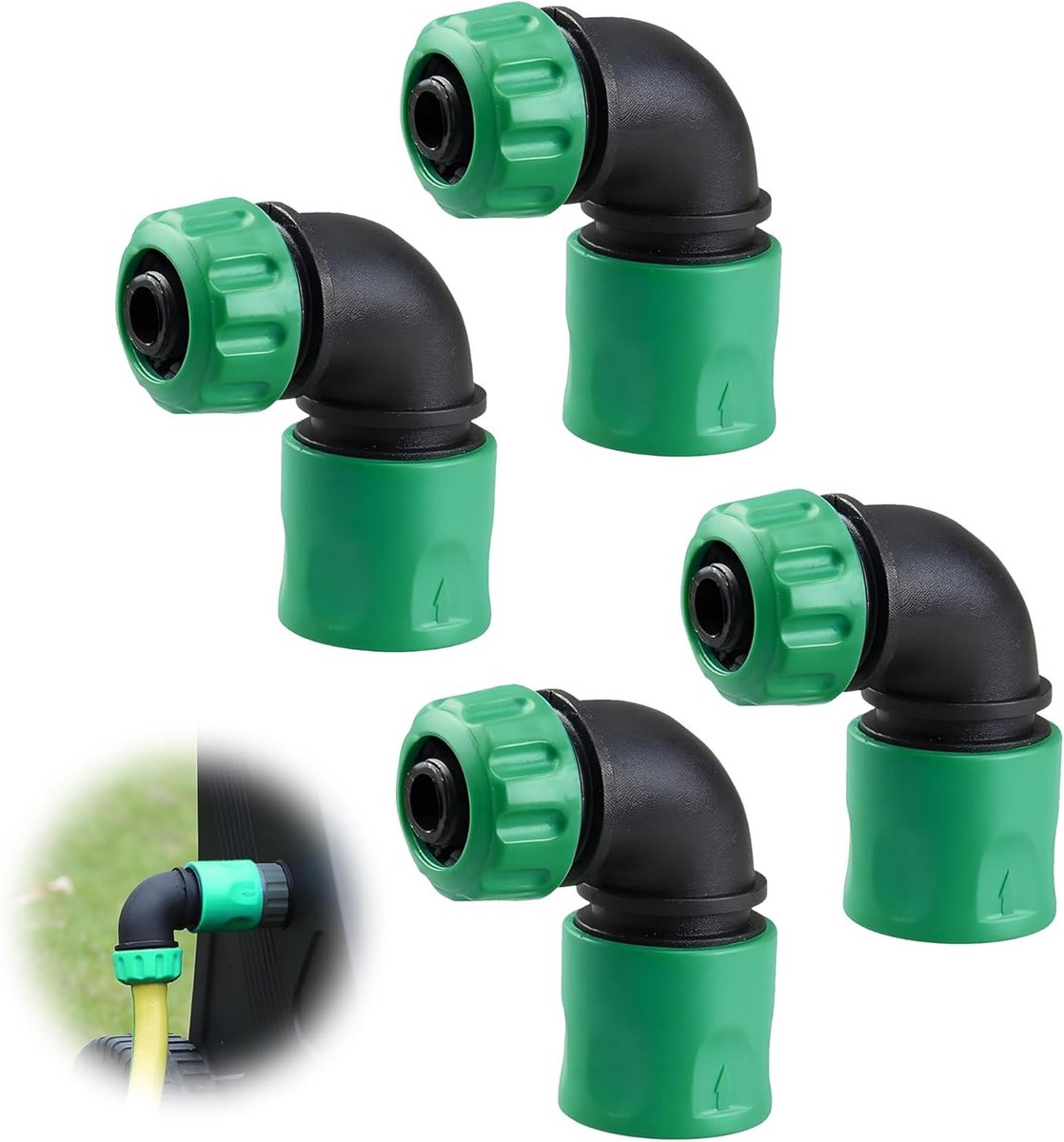 Tuinslang Koppelingen Set, Snelle Aansluitingen voor Tuinirrigatie, 90 Graden Hoekadapter, 4 Stuks, Geschikt voor Auto Wassen en Tuinonderhoud