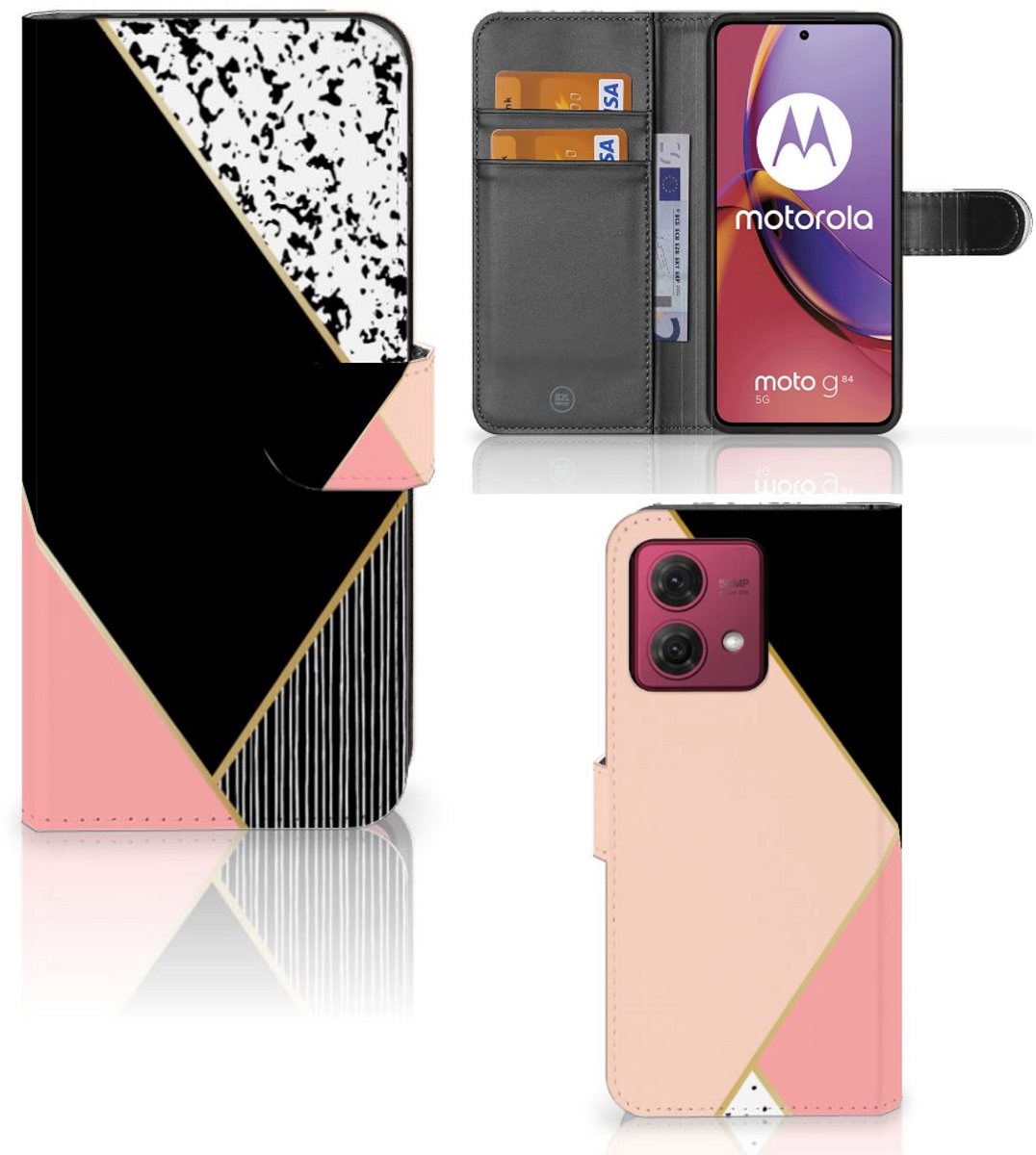 Motorola Moto G84 Book Case Zwart Roze Vormen