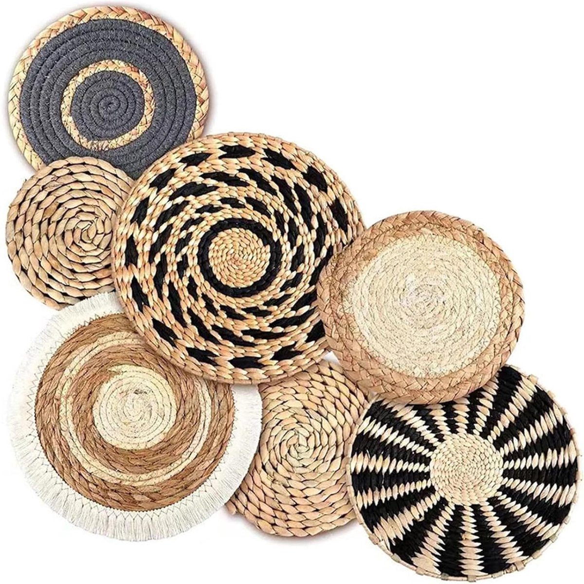 Geweven muurdecoratie - Boho manden - Woonkamer aankleden - Zeven verschillende stijlen - Set van 7 - Natuurlijk rustiek
