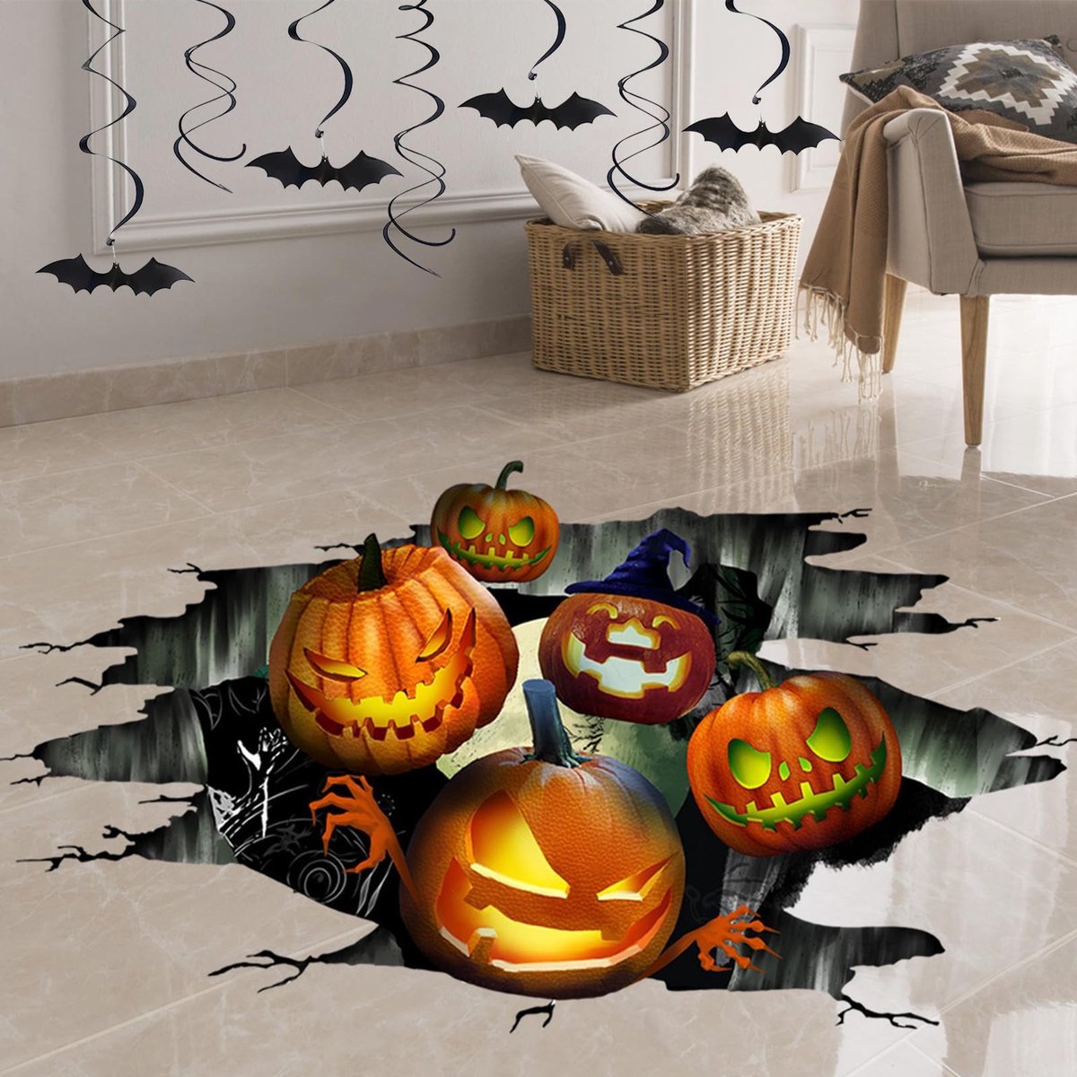 Cosensi - Halloween 3D Pompoen Wandstickers - Decoratieve Floor Stickers - Zelfklevend - Ideaal voor Woonkamer en Slaapkamer - Perfect voor Feestdagen