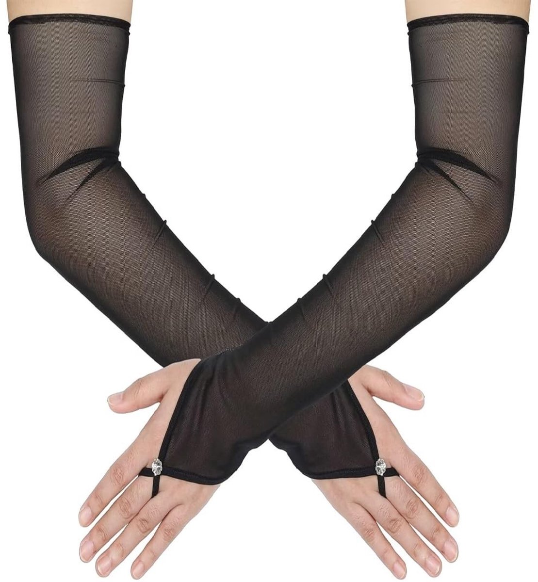 Cosensi - Lange Vrouwen Avondhandschoenen - Sexy Fingerless Glove - Zwart - Transparant en Rekbaar - Perfect voor Avondkleding - Ideaal voor Volwas...