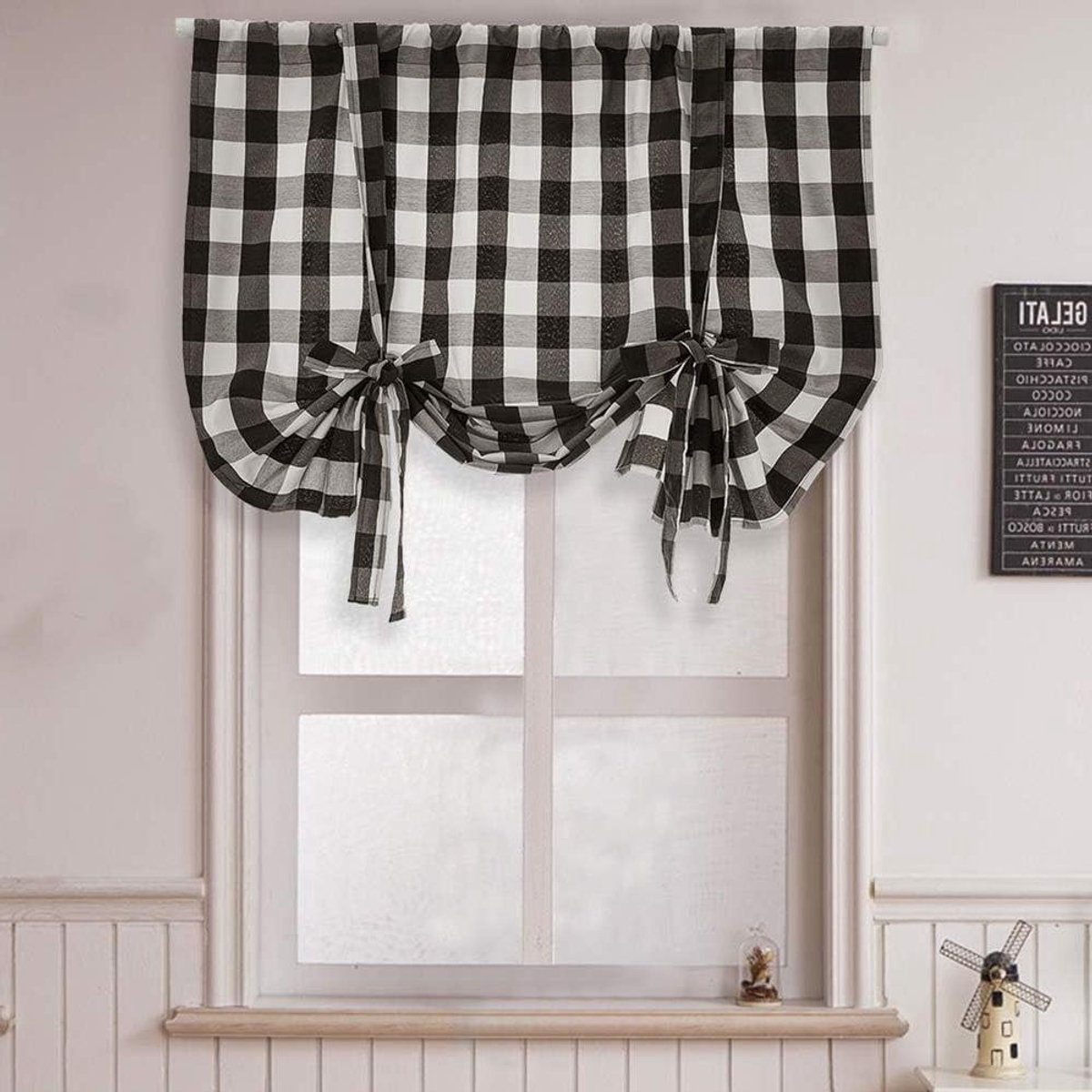 Boyouth Cotton Linen Black and White Plaid Pattern Semi Blackout Roman Balloon Curtains, R