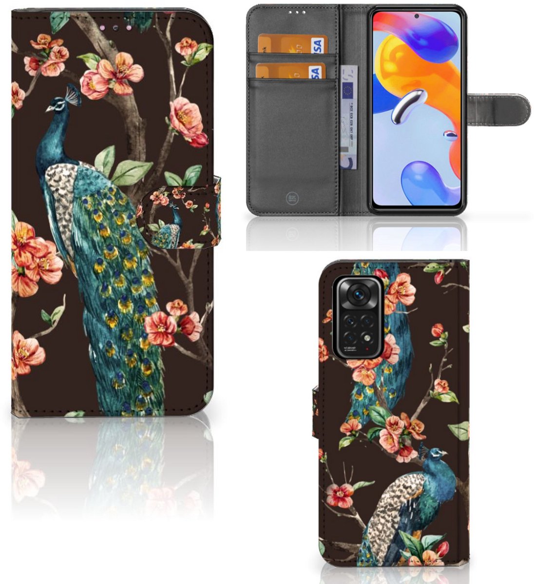 Xiaomi Redmi Note 11 Pro 5G/4G Telefoonhoesje met Pasjes Pauw met Bloemen