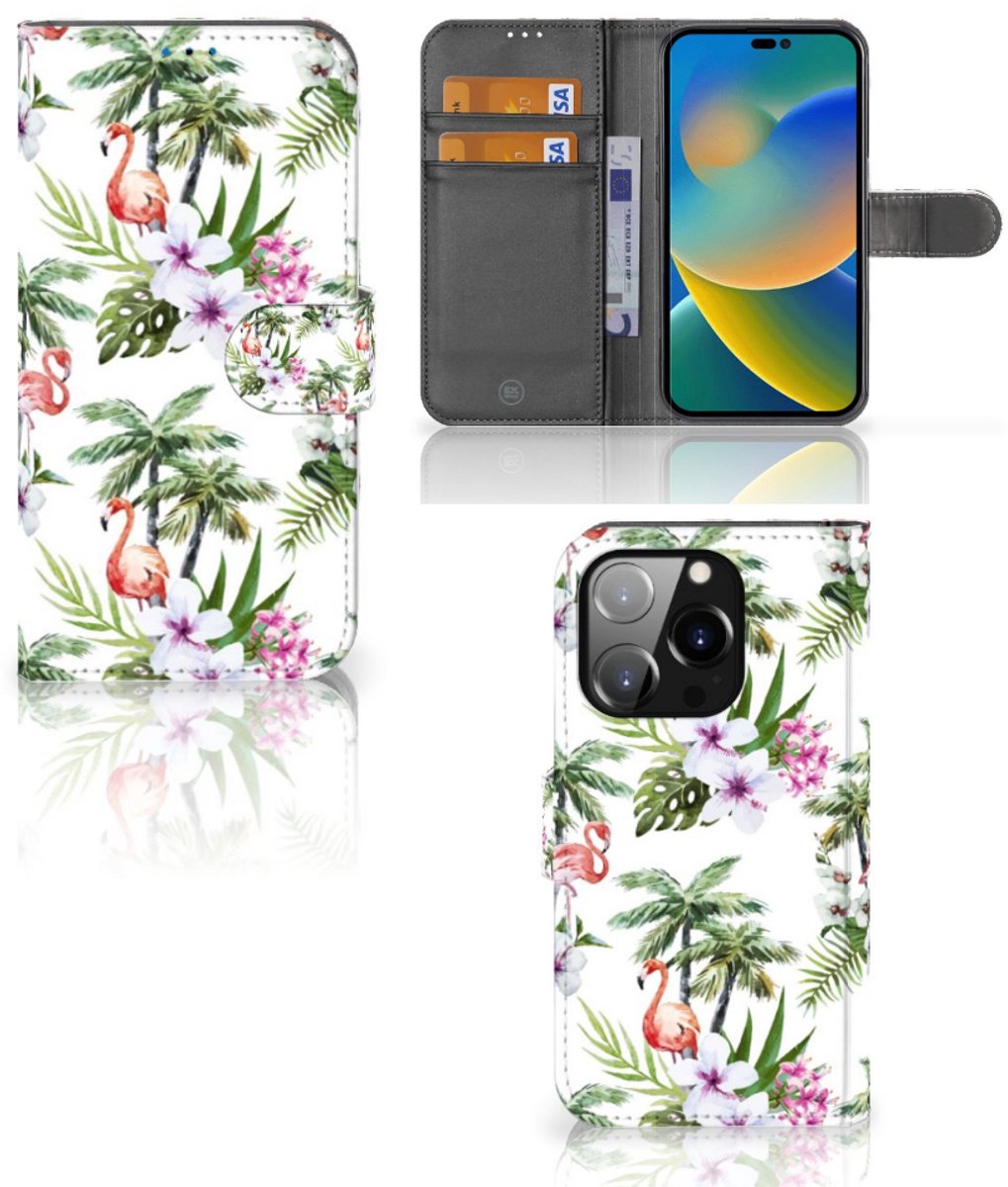 Book Case voor iPhone 14 Pro Telefoonhoesje met Pasjes Flamingo Palms