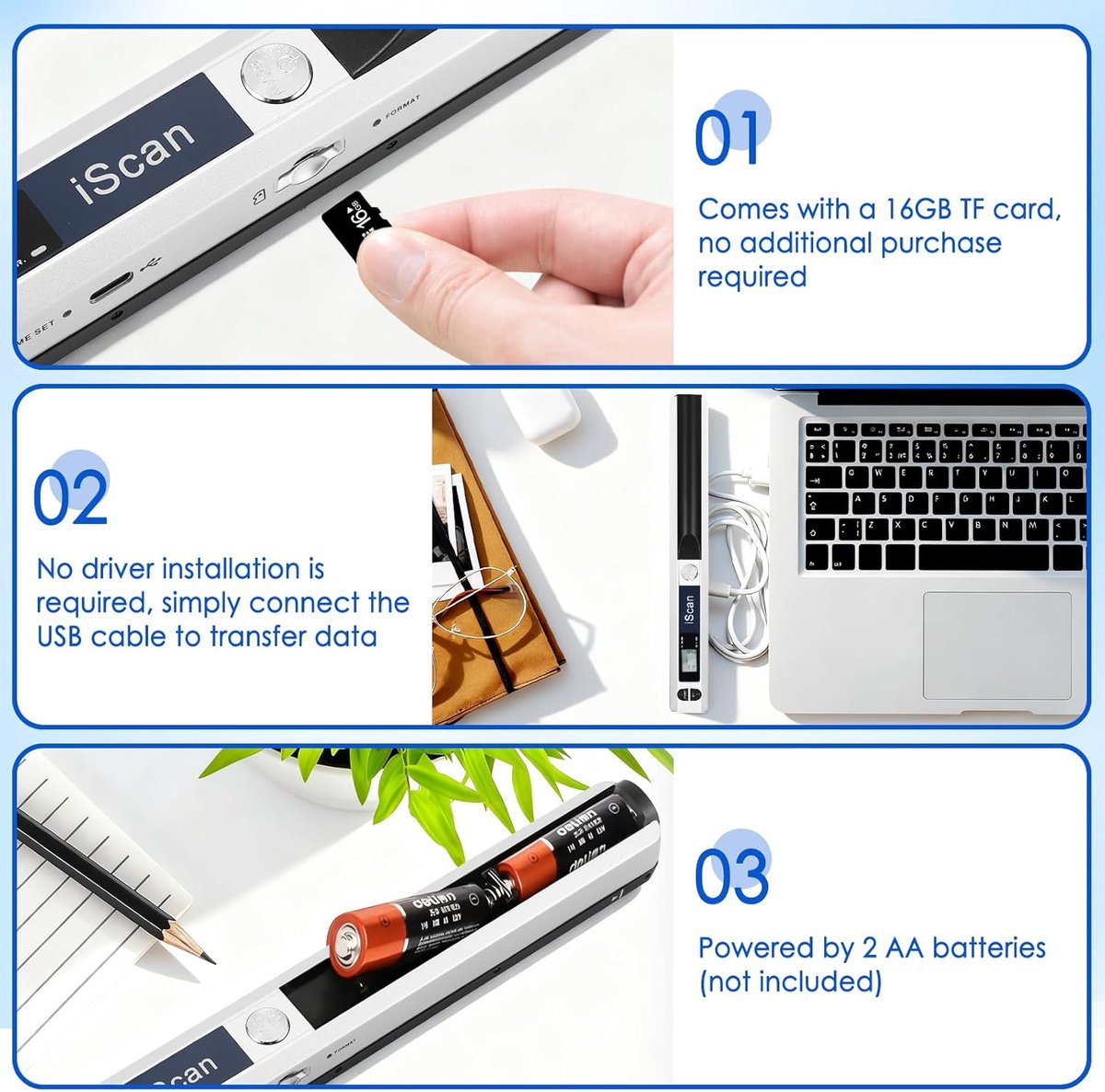 Handscanner, documentenscanner, A4, 900 dpi, hoge resolutie, kleurenfoto, draagbare scanner, JPG/PDF-formaat, USB 2.0, draagbare documentenscanner voor documenten, kwitanties, foto's (zilver) thumbnail 7