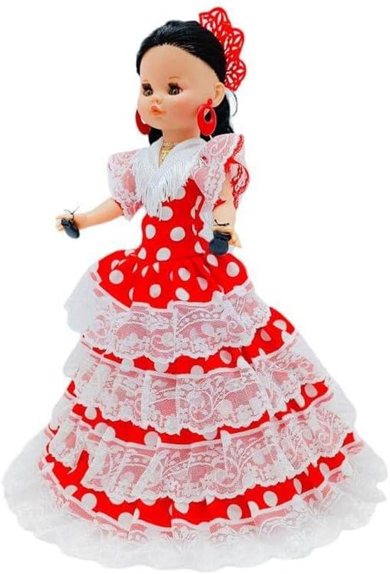 Folk Artesanía Set Nancy Classic Regional Pop Jurk met kammen, kastanjes en schoenen. Pop niet inbegrepen (rood wit maan) — afbeelding 4