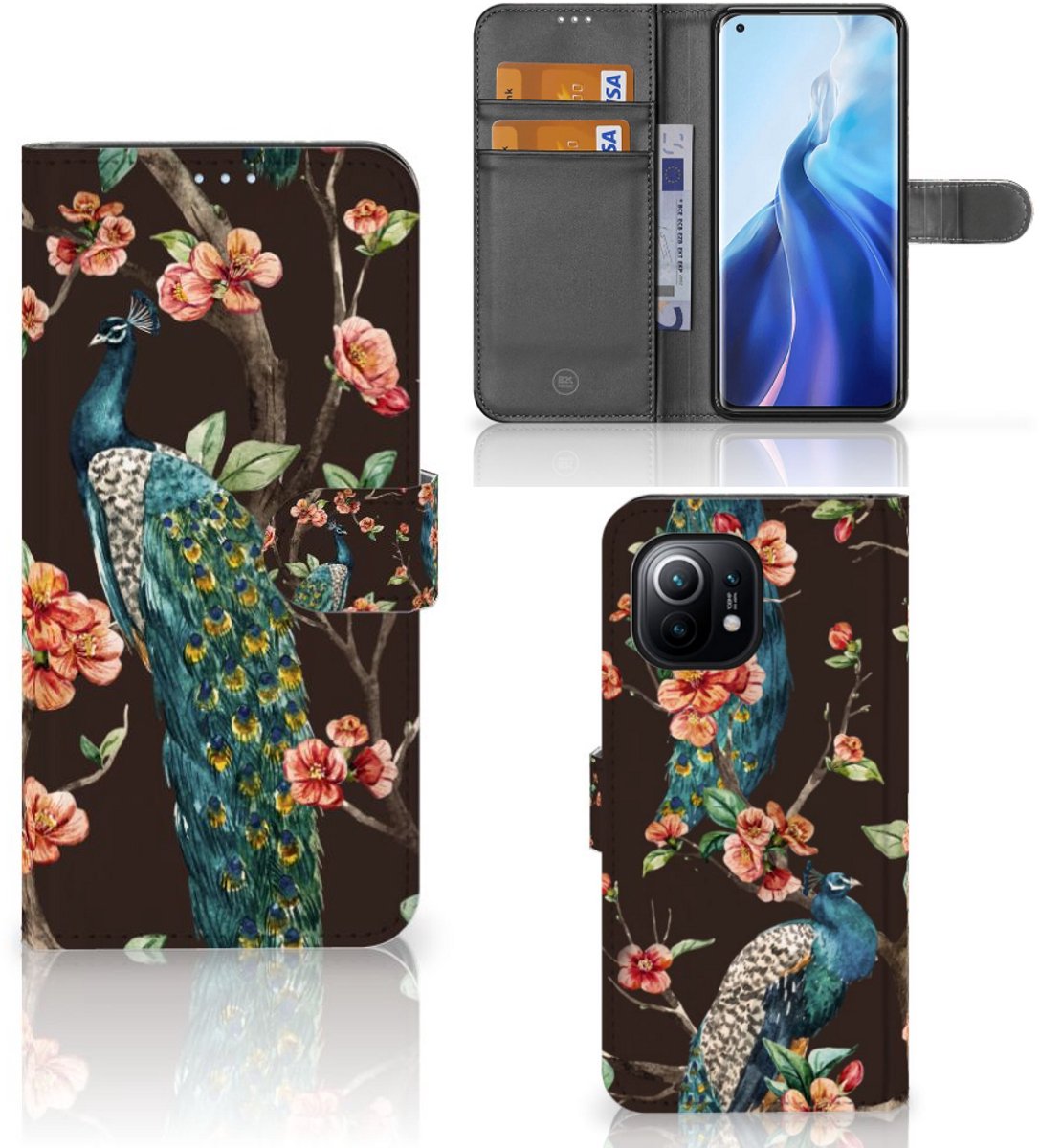 Xiaomi Mi 11 Telefoonhoesje met Pasjes Pauw met Bloemen
