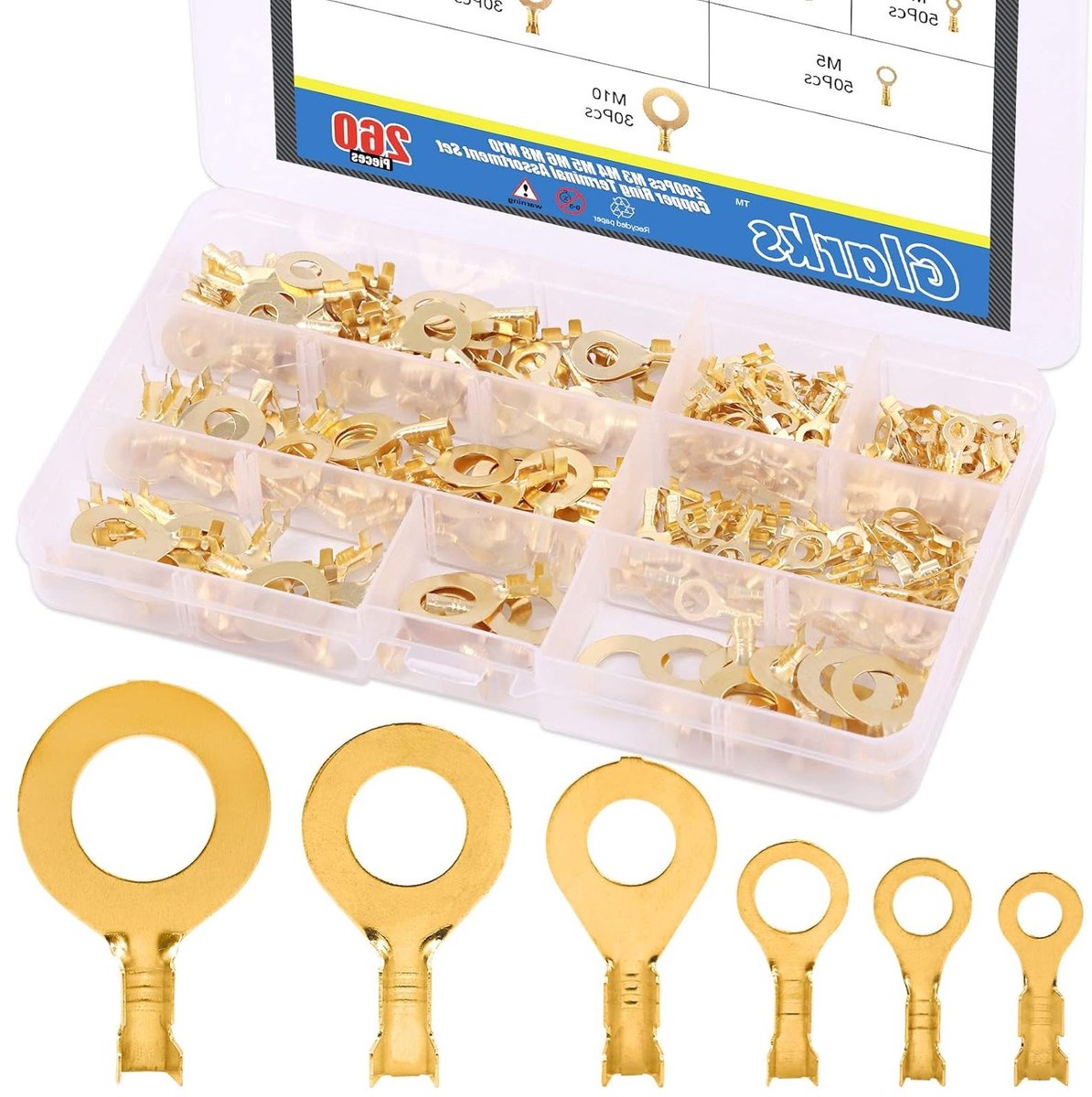 260 Stuks M3 M4 M5 M6 M8 M10 Koperen Ring Terminals Assortiment Set - Niet-geïsoleerde Ring Lugs en Draad Crimp Connectors Kit voor Elektrische Verbindingen