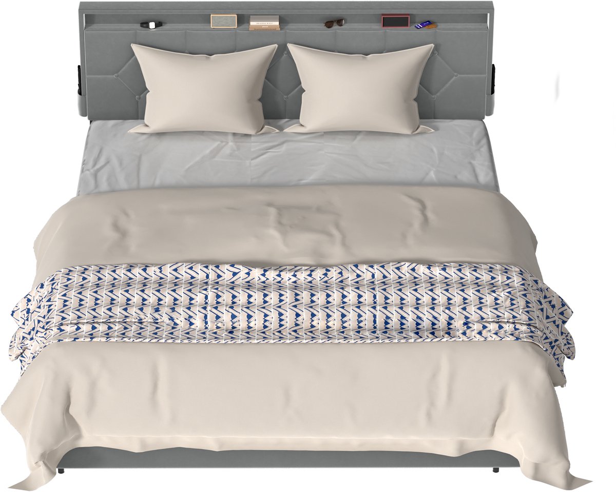 Froadp Platformbed van stof 140 x 200 cm, gestoffeerd hoofdeinde, bedframe voor eenpersoonsbed, bedframe in lichtgrijs, modern design voor de slaapkamer