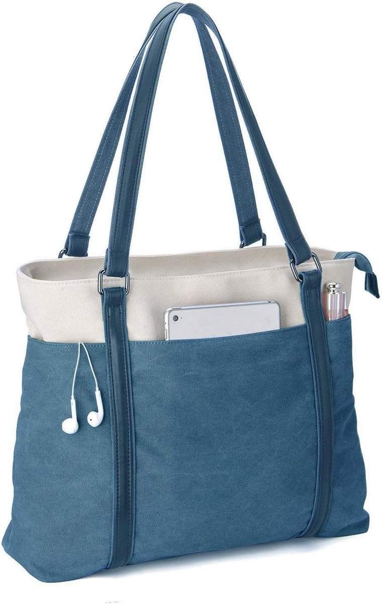 Dames Laptoptas - Handtas Werk - Professioneel Gebruik - Canvas en Kunstleer - 15.6 Inch - Blauw