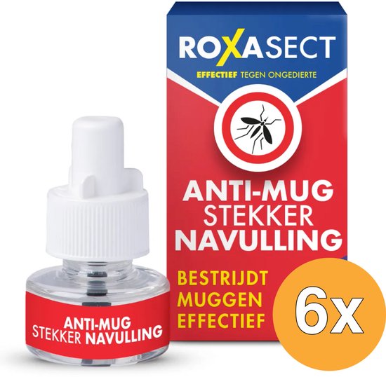 Roxasect anti-mug stekker navulling. Flesje met witte dop naast een rode en blauwe doos met '6x'.
