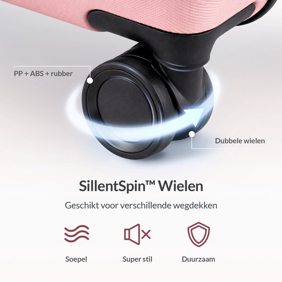 Dichtbij op de dubbele, stille spinnerwielen van een roze koffer.