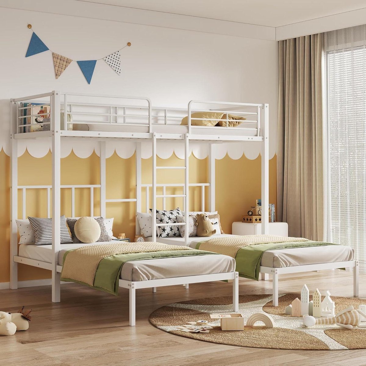 Driepersoons Stapelbed - IJzeren Bed Kinderen - Ruimte Besparen - Met Valbescherming - 90 x 200 cm - Wit