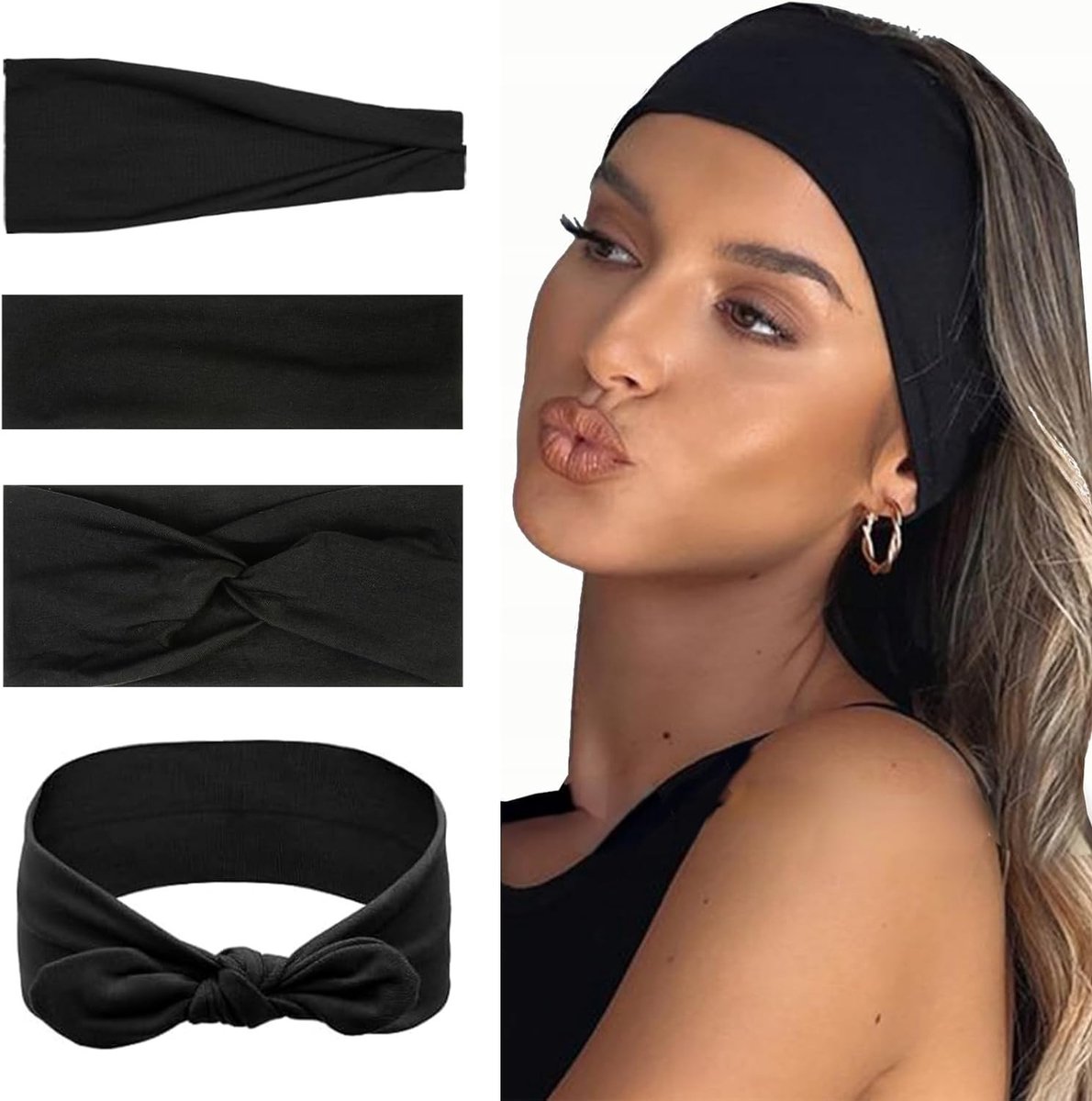 Set van 4 Elastische Haarbanden voor Dames in Trendy Stijlen: Dun, Gedraaid, Breed en Strik, Perfect voor Sport en Dagelijks Gebruik