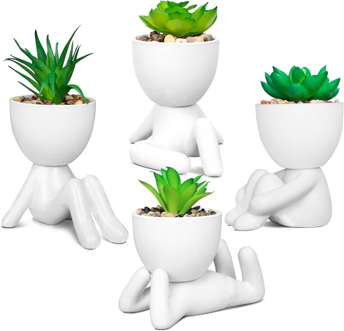 Mini Vetplanten Kunstmatig - Nep Planten Set - Bureau Decoratie - Menselijke Vorm Pot - Set van 4 - Zwart