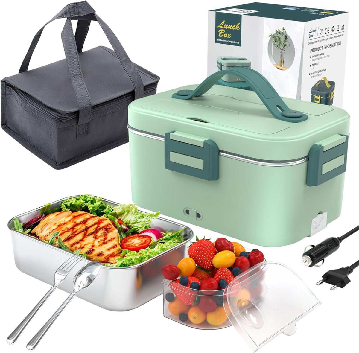 REN® Elektrische Lunchbox - Lunchbox Elektrisch - Broodtrommel Elektrisch - 3 in 1 - 1,8L - Lichtgroen - 24cm x 17cm x 12cm