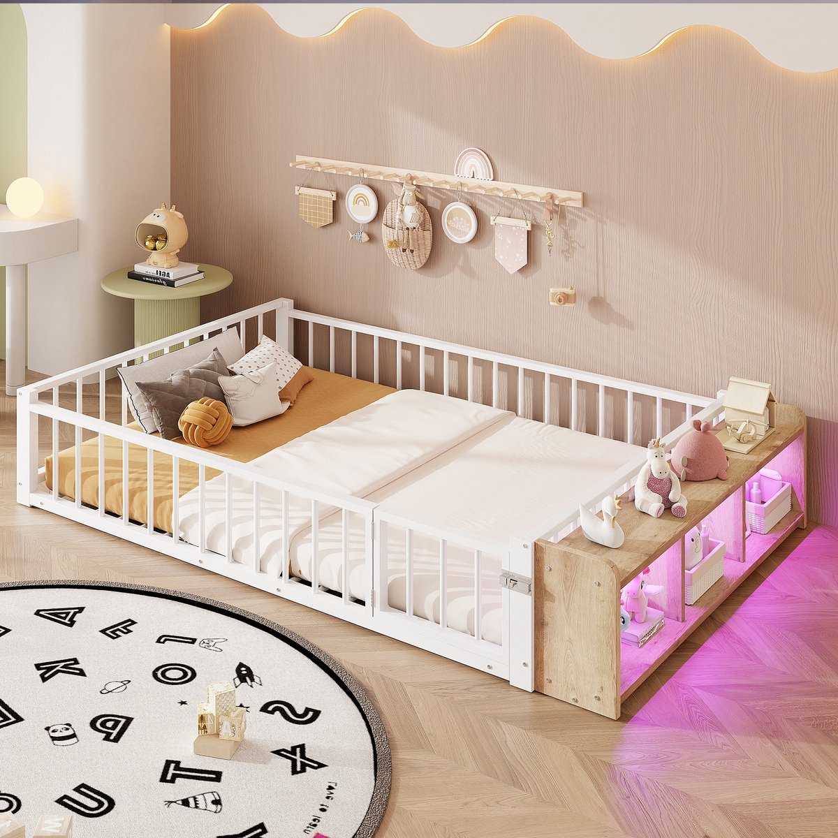 PHOEBE CAT Kinderbed - 140 x 200 cm - Metalen bed - LED-verlichting - Met veiligheidshek -