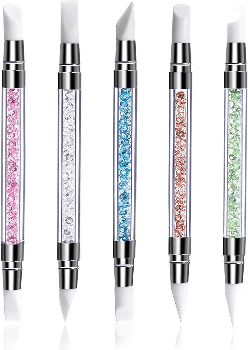 5-delige set siliconen nagelart penselen, dubbele manicure cutters en nagelversieringsgereedschap voor professionele nagelstyling en DIY decoratie