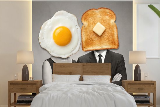 Behang - Fotobehang Ontbijt - Koppel - Ei - Brood - Breedte 350 cm x hoogte 350 cm