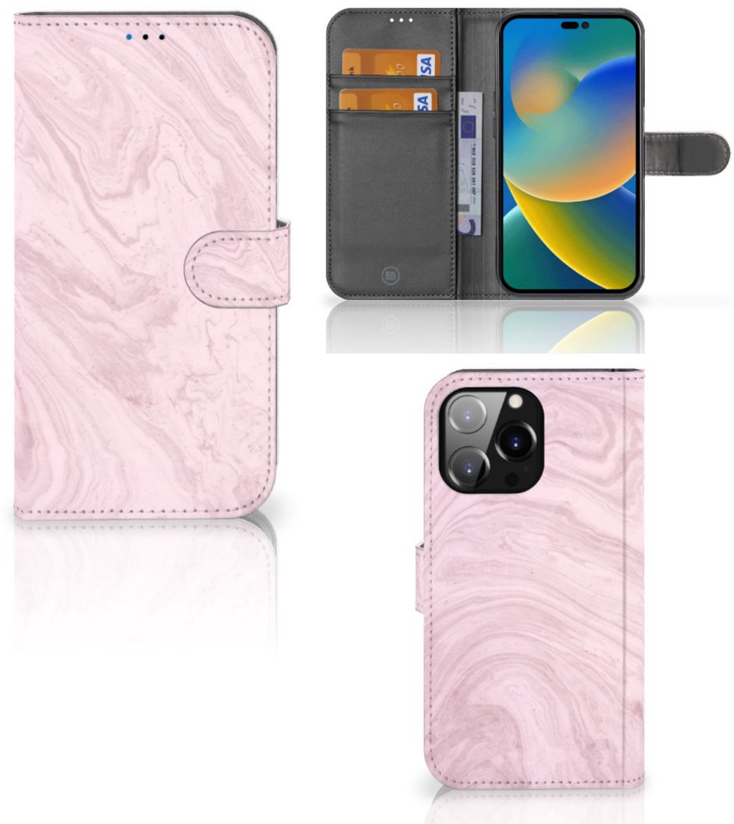 iPhone 14 Pro Max Bookcase Marble Pink - Origineel Cadeau Vriendin