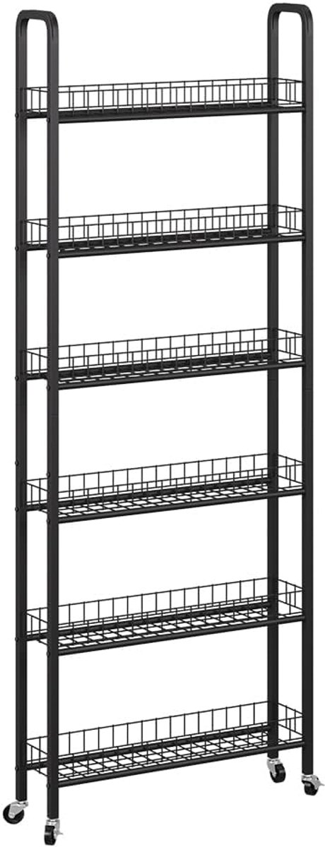 Verrijdbaar Ladeblok - Mobiele Opberger - Ruimte Besparen - Zes Compartimenten - 58 x 15 cm - Zwart