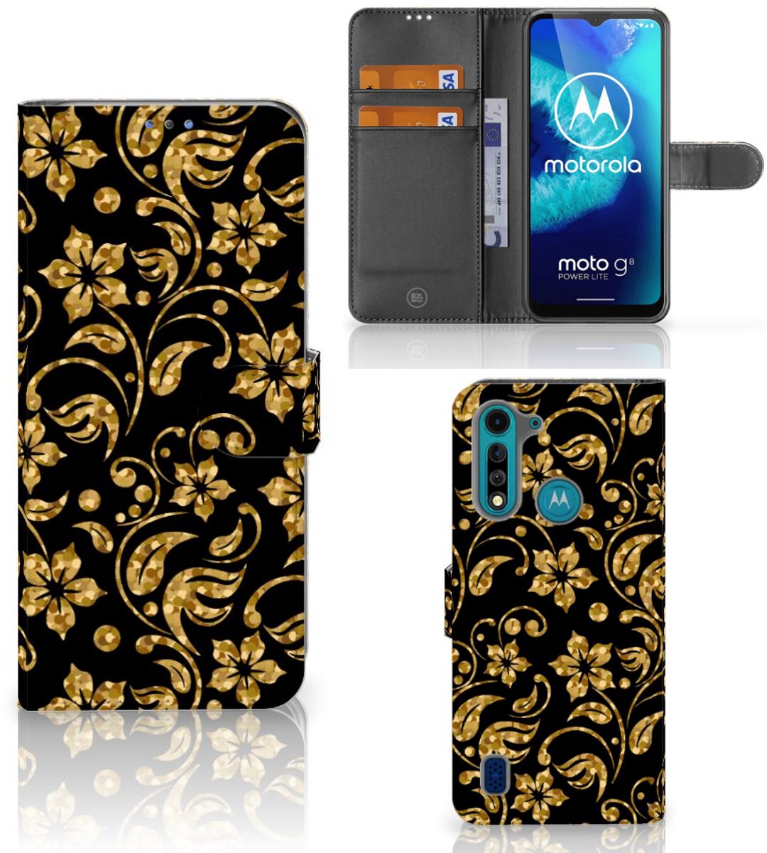 Book Case voor Motorola G8 Power Lite Hoesje Gouden Bloemen