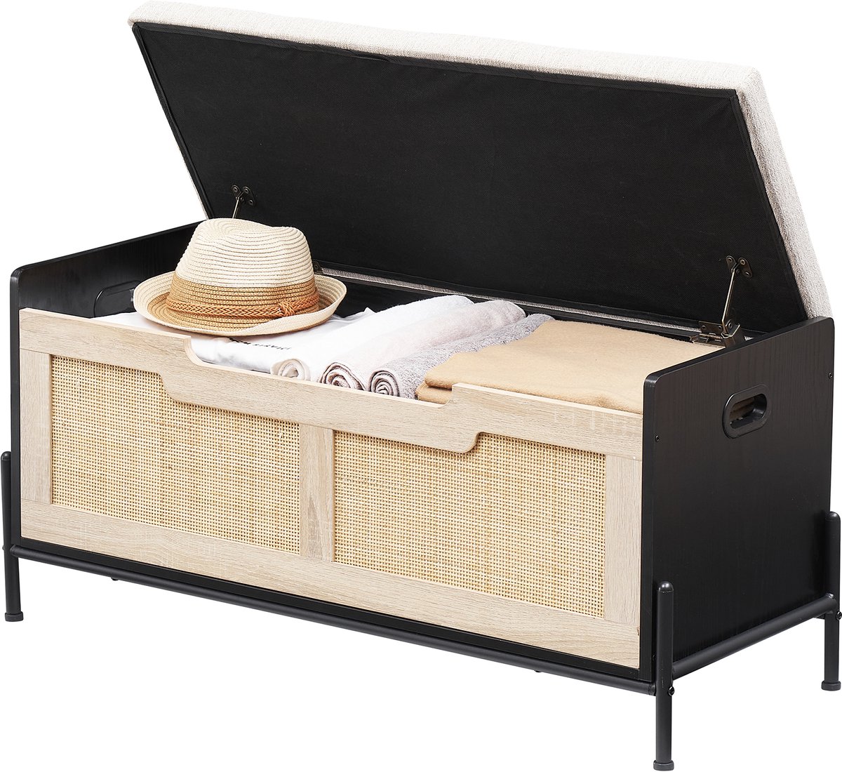 Rotan Opbergbank met Zitkussen en Klep - Grote Opbergkist & Schoenbank voor Hal of Slaapkamer - 100 cm - Zwart & Eiken