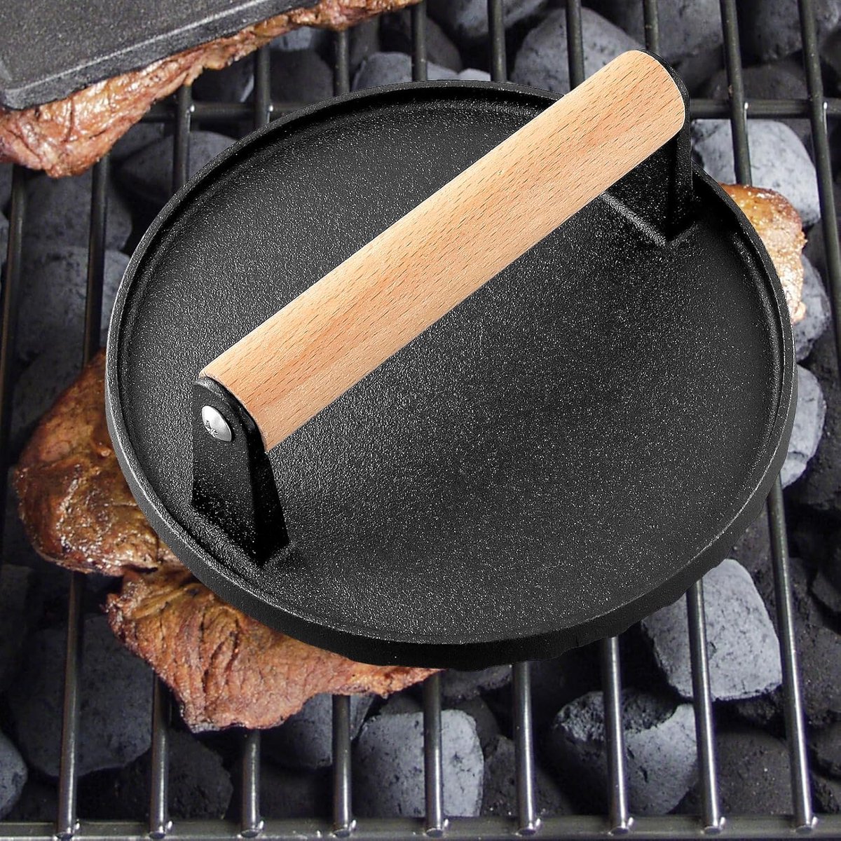 Burgerpers Gietijzer - Hamburger Smasher Vleespers - Perfecte Burgers Maken - Gelijkmatige Warmteverdeling - 17.5 x 6.8 cm - Zwart