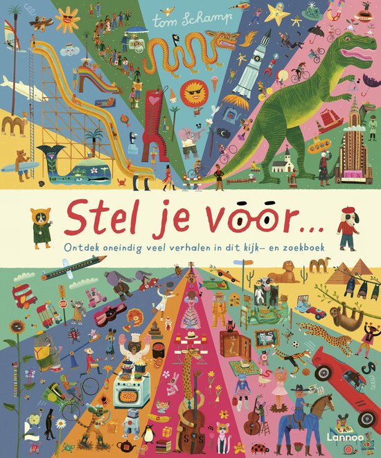 Boekomslag met de tekst 'Stel je voor...' en een kleurrijke illustratie van een dinosaurus en dieren.