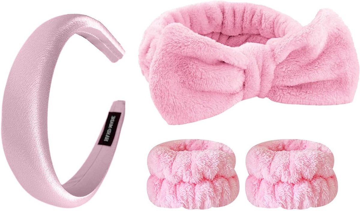 Set van 4 Haarbanden voor Gezichtsreiniging en Make-up - Roze Cosmetische Haarbanden voor Dames en Meisjes, Ideaal voor Sport en Douche