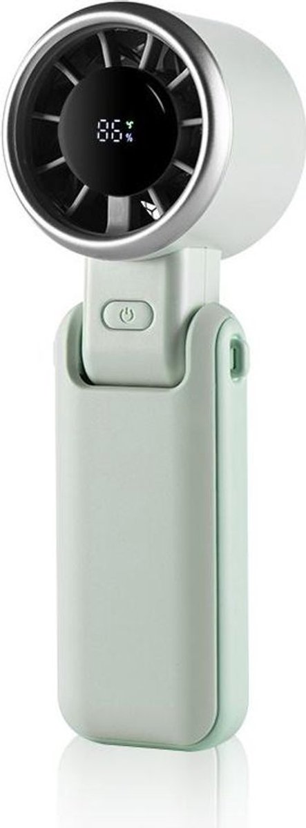 Draagbare handventilator met hoge snelheid en groen digitaal display.
