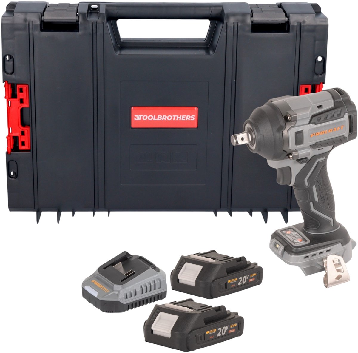 Procraft Industrial IW550Abb accu-slagmoersleutel 20 V 550 Nm 1/2" + 2x accu 2,0 Ah + oplader + RHINO gereedschapskoffer