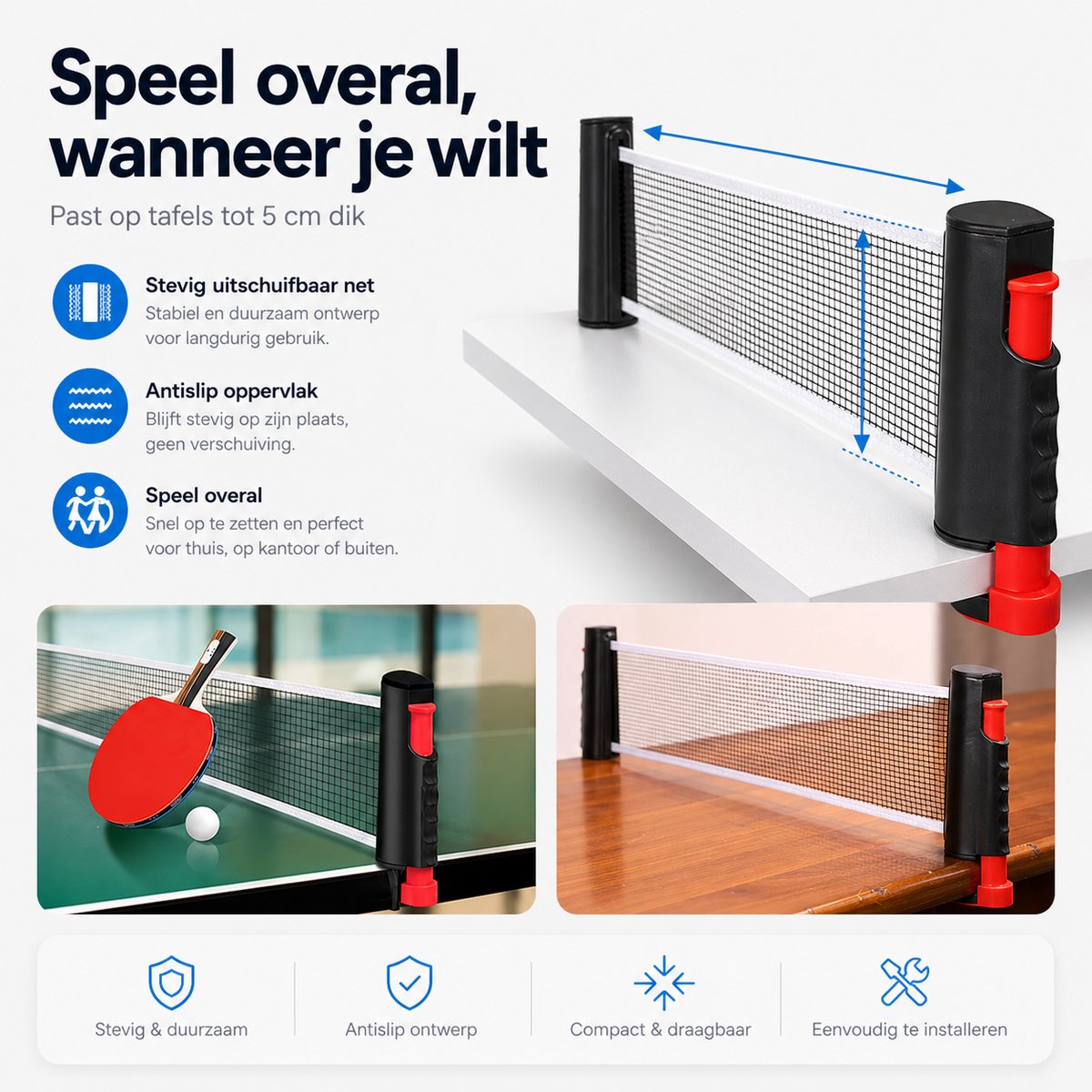 BOTC Tafeltennis Set - 2 Tafeltennisbatjes - 6 Pingpongballen - 1 Tafeltennisnet Uitschuifbaar - Zwart — afbeelding 2