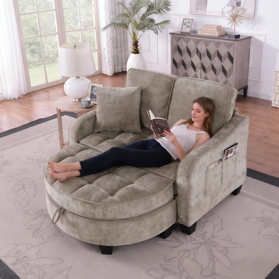 Wishdor 3-in-1 Slaapbank met Opberghocker - Chaise Longue - Zijvakken - Eucalyptushout - Taupe Bruin - 132 cm