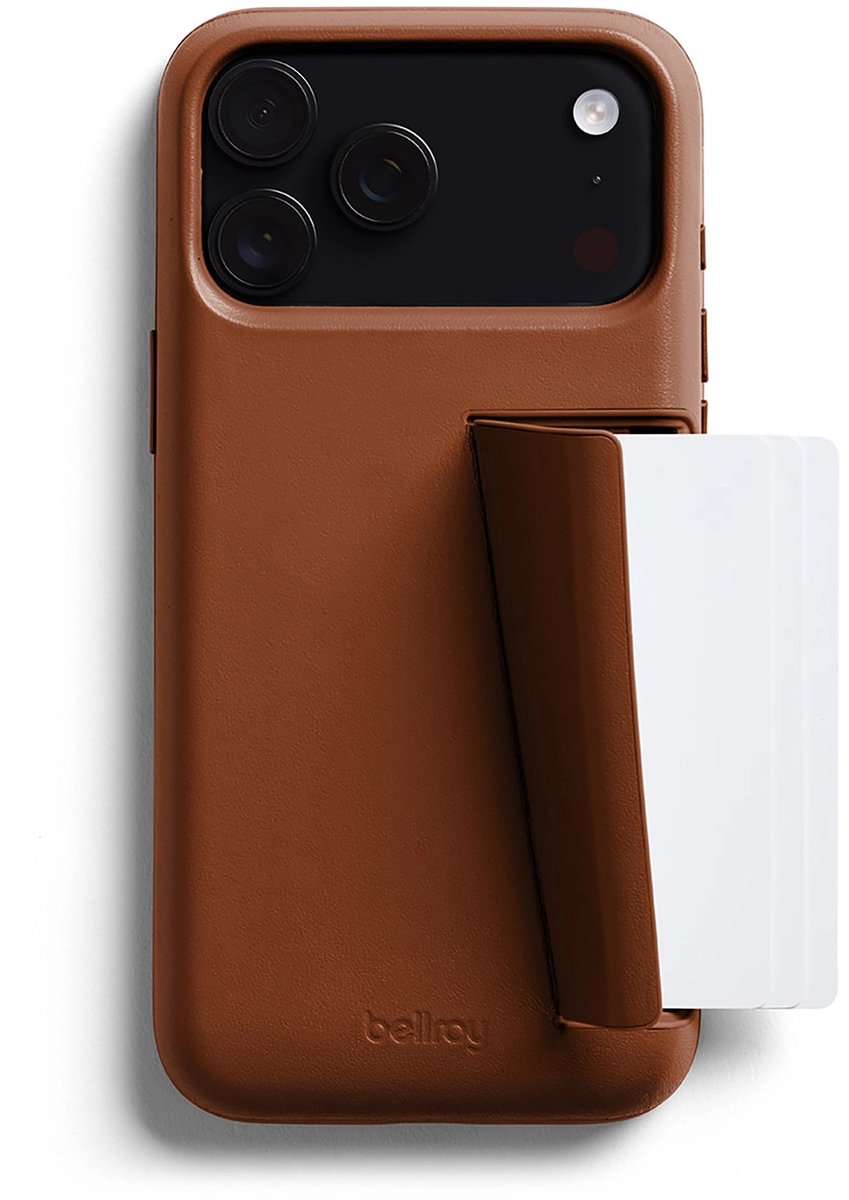 Bellroy 3 Card Portemonnee Hoesje iPhone 17 Pro Max – Opslag voor 3 Kaarten – Telefoonstandaard Functie – Gemaakt van Premium Leer en Schokabsorberend Polymeer - Oranje