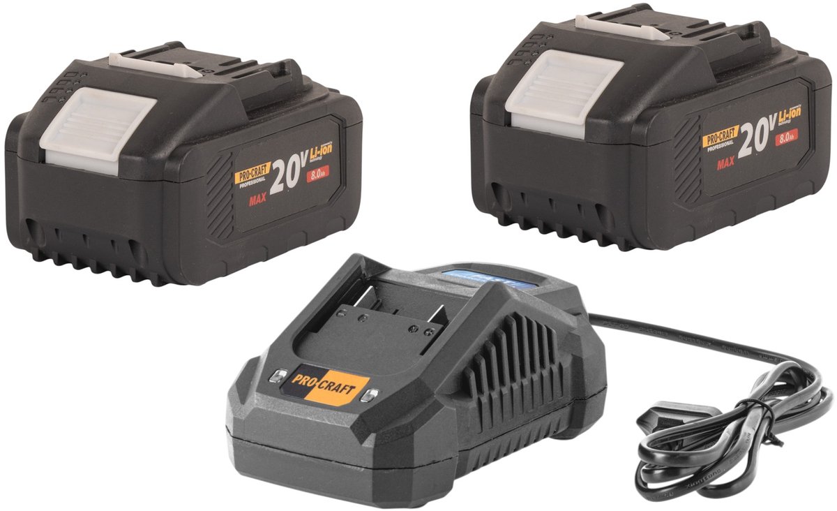 Procraft starterset 20 V 20/4A snellader + 2x 20/8 accu 8,0 Ah