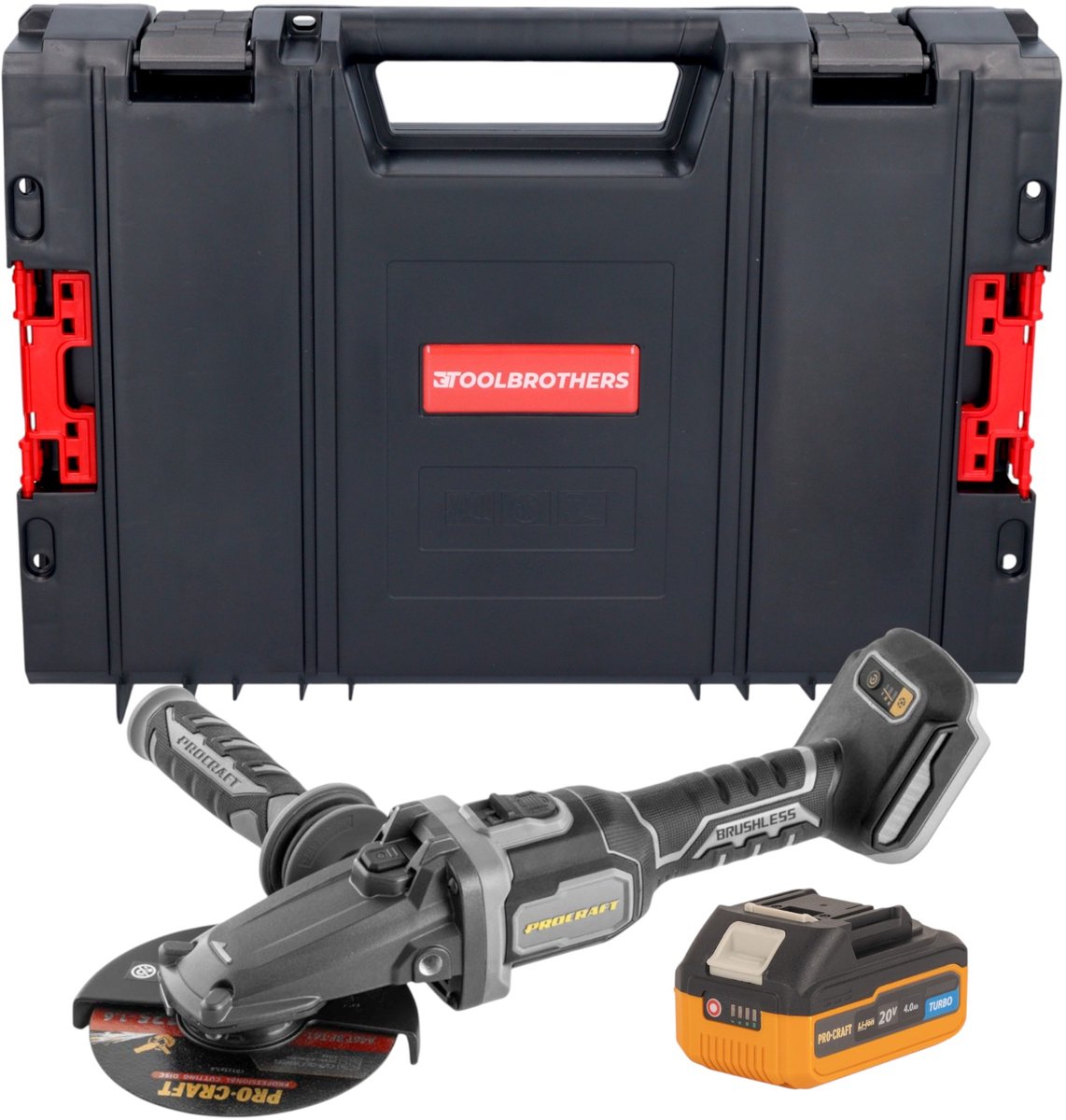 Procraft Industrial AG125Cbb accu vlakke hoekslijper 20 V 125 mm borstelloos + 1x accu 4,0 Ah + RHINO gereedschapskoffer - zonder oplader
