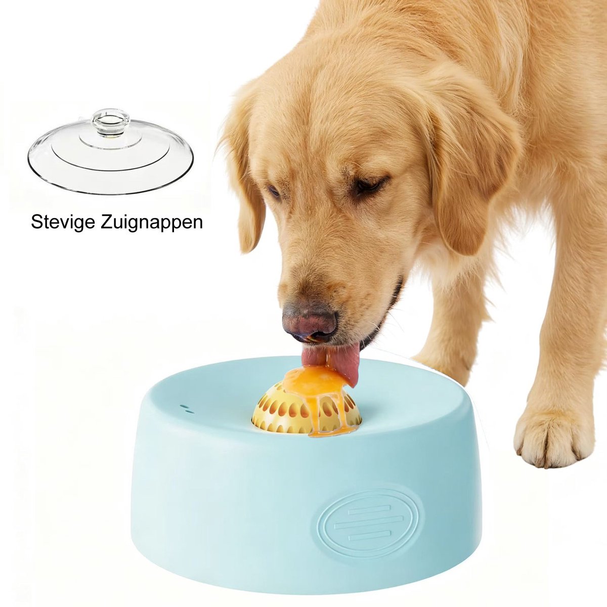 Slowfeeder hondenbak met sterke zuignappen - Rollende bal likspeelgoed voor vloeibare treats - Makkelijk schoon te maken puppy likspeeltje voor bouillon, yoghurt en kwark - blauw & gele bal