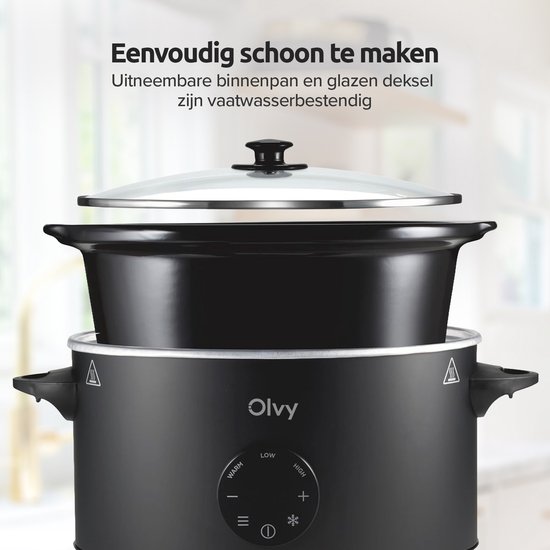 Zwarte Olvy slowcooker met uitneembare keramische binnenpan.