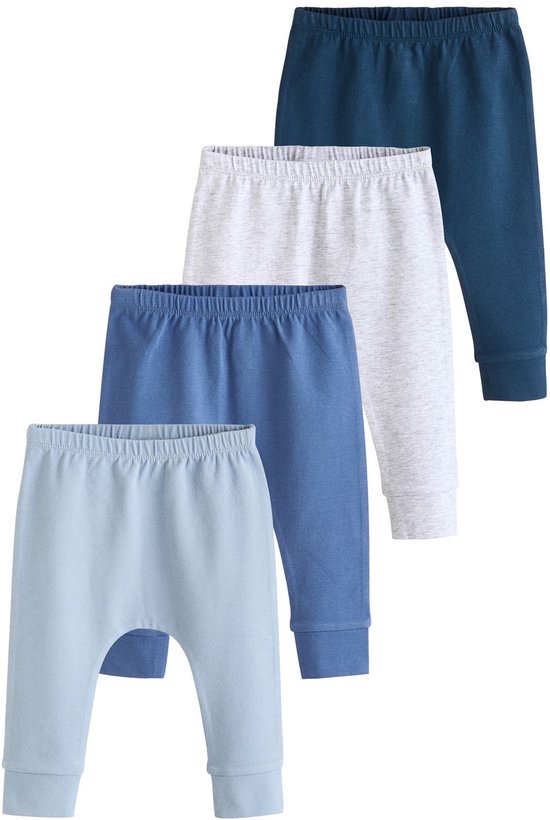 Vier babyleggings in pastelblauw, blauw, grijs en donkerblauw, van voor gezien.
