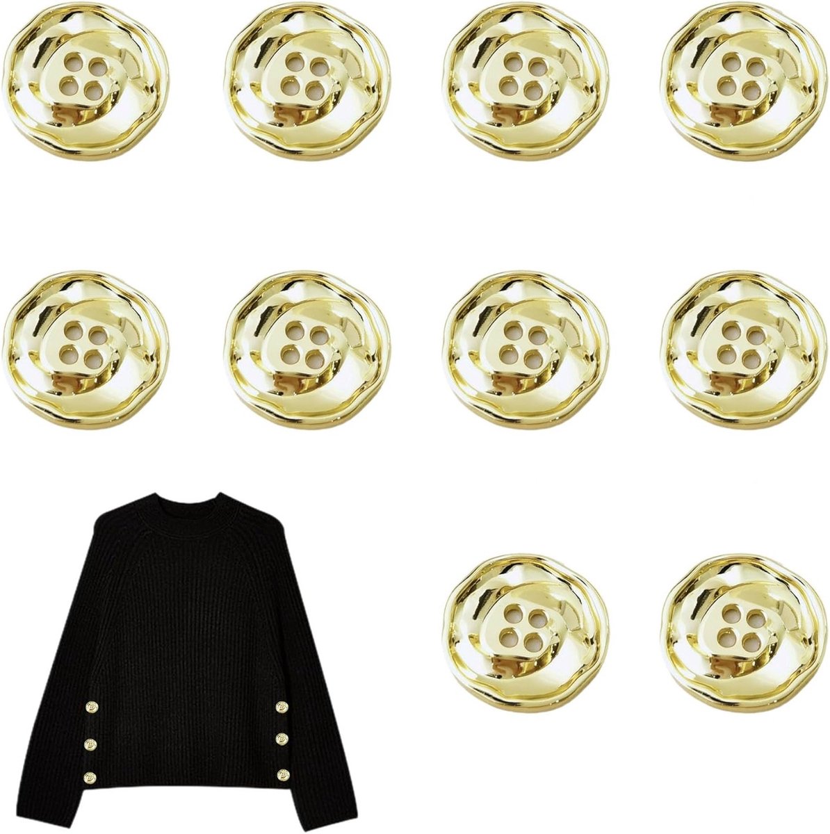 Irreguliere metalen knopen met 4 gaten, 20mm gouden decoratieve knopen voor kleding, jassen en naaien - 10 stuks
