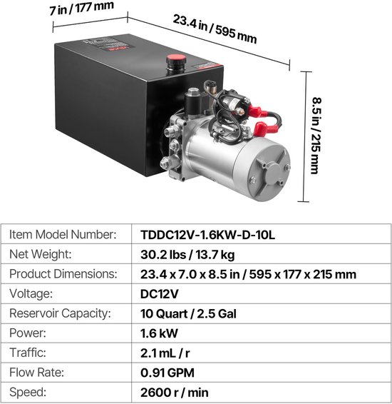 VEVOR 10 Qt Hydraulische Krachtbron, Enkelwerkende Kipperaanhangerpomp, Maximale Openingsdruk 22 Mpa en Debiet 3,4 L/Min, 12 V DC Hydraulische Pomp met Metalen Reservoir voor Kipperaanhangers, Zwart van Merkloos — afbeelding 3